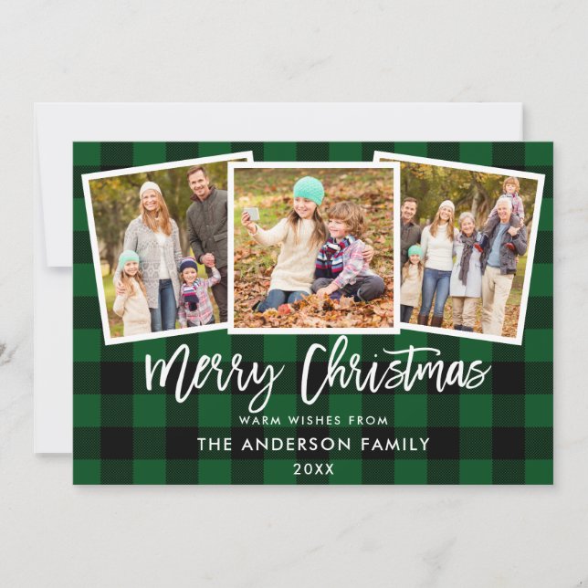 Modern Brush Script 3 Photo Christmas Green Plaid Holiday Card (Front)