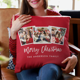Modern Brush Script 3 Photo Christmas Red Cushion