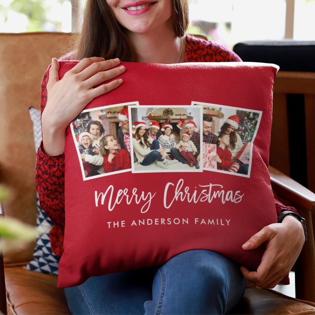 Modern Brush Script 3 Photo Christmas Red Cushion (Customize to change your personalized text size, style or add more text.)