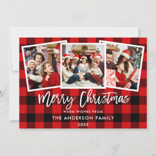 Modern Brush Script 3 Photo Christmas Red Plaid Holiday Card
