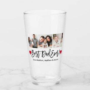 Modern Brush Script 3 Photo Hearts Best Dad Ever Glass