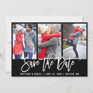 Modern Brush Script 3 Photo Save The Date Blk Card