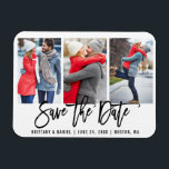 Modern Brush Script 3 Photo Save The Date Wht Magnet<br><div class="desc">Modern Brush Script Save The Date Engagement 3 Photo Magnet - White</div>