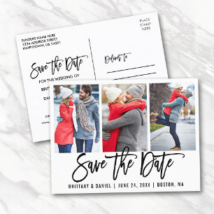 Modern Brush Script 3 Photo Save The Date Wht Postcard