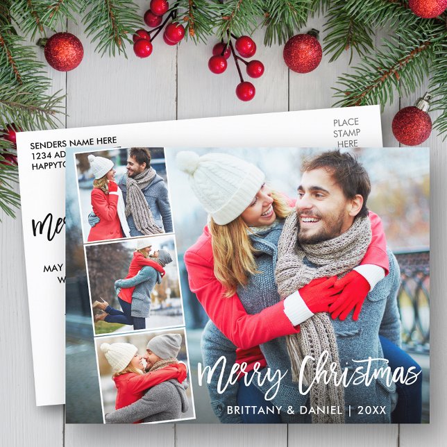 Modern Brush Script 4 Photo Collage Christmas Postcard (Customize to change your personalized text size or text style.)