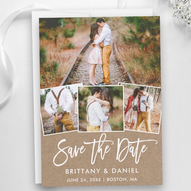 Modern Brush Script 4 Photo Collage Kraft Save The Date (Customize to add text to back of card.)