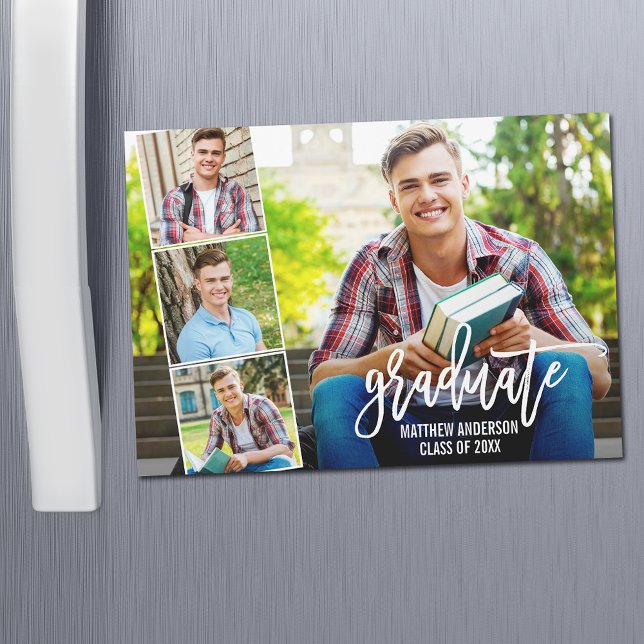 Modern Brush Script 4 Photo Graduation Magnet Card (Creator Uploaded)