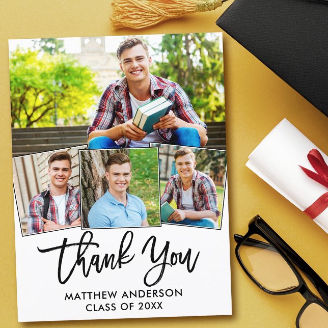 Modern Brush Script 4 Photo Graduation Thank You Postcard (Customize to change your personalized text size or text style.)