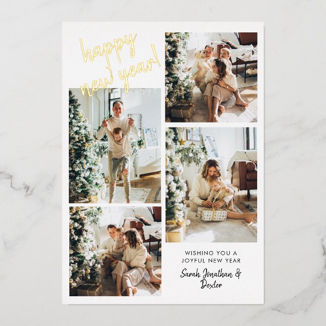 Modern Brush Script 4 Photo Happy New Year Gold (Front)
