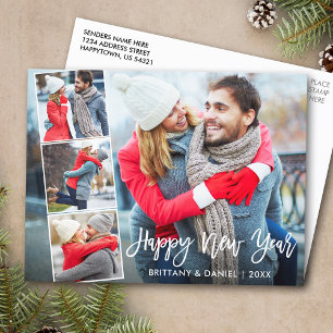 Modern Brush Script 4 Photo Happy New Year Postcard