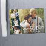 Modern Brush Script 4 Photo Magnetic Save Our Date<br><div class="desc">Modern Brush Script Save Our Date Engagement Couple 4 Photo Magnet Card - White Script</div>