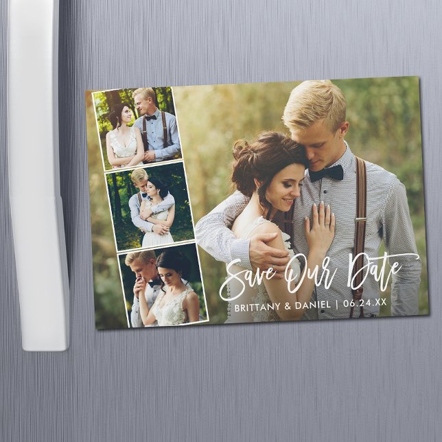 Modern Brush Script 4 Photo Magnetic Save Our Date (Creator Uploaded)
