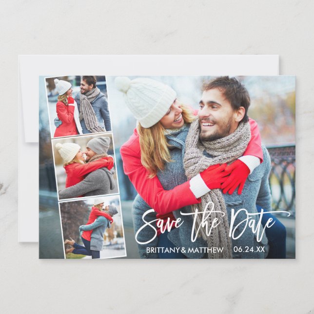 Modern Brush Script 4 Photo Save The Date Card (Front)
