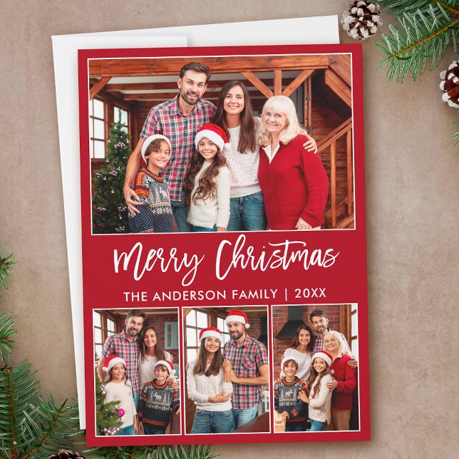 Modern Brush Script 4 Photos Merry Christmas Red Holiday Card (Customize to add text to back of card or to change background color of card.)