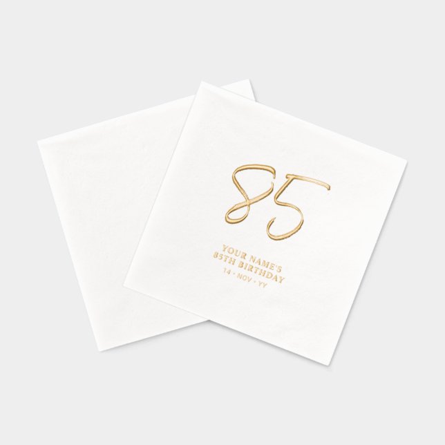 Modern Brush Script 85th Birthday Party Foil Napkins (Back)