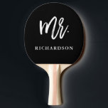 Modern Brush Script Black | Mr Ping Pong Paddle<br><div class="desc">This stylish ping pong paddle says "Mr." in trendy white script typography on a black background,  and also has a spot for your last name.</div>