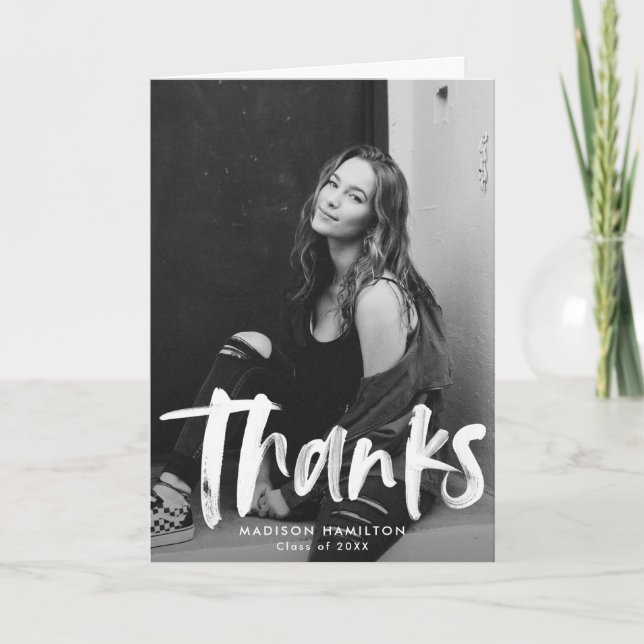 Modern Brush Script Black Photo Graduation Thank You Card (Front)