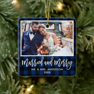 Modern Brush Script Blue Plaid Married and Merry Ceramic Ornament