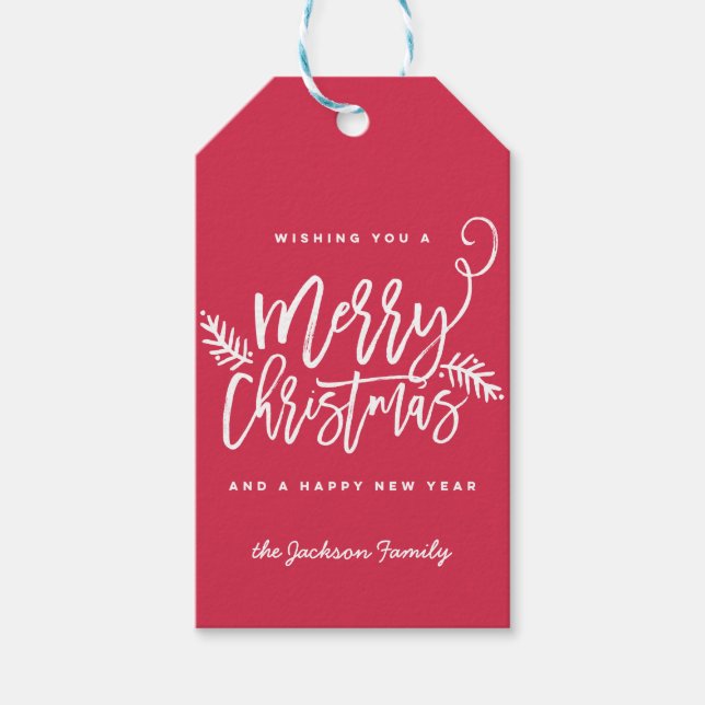 Modern Brush Script Bright Christmas Gift Tag Red (Front)