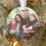 Modern Brush Script Christmas Family Photo WR Ornament<br><div class="desc">Modern Brush Script Family Photo Merry Christmas Ornament - White Ribbon</div>