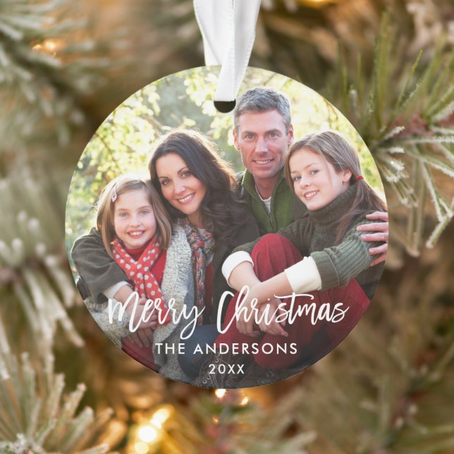 Modern Brush Script Christmas Family Photo WR Ornament (Tree)