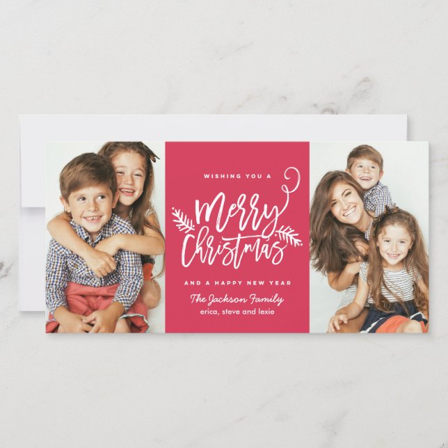Modern Brush Script Christmas Holiday 2-Photo Red (Front)