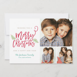 Modern Brush Script Christmas Holiday 3-Photo Card