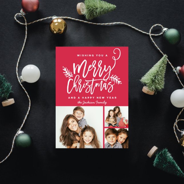 Modern Brush Script Christmas Holiday 3-Photo Red (Creator Uploaded)