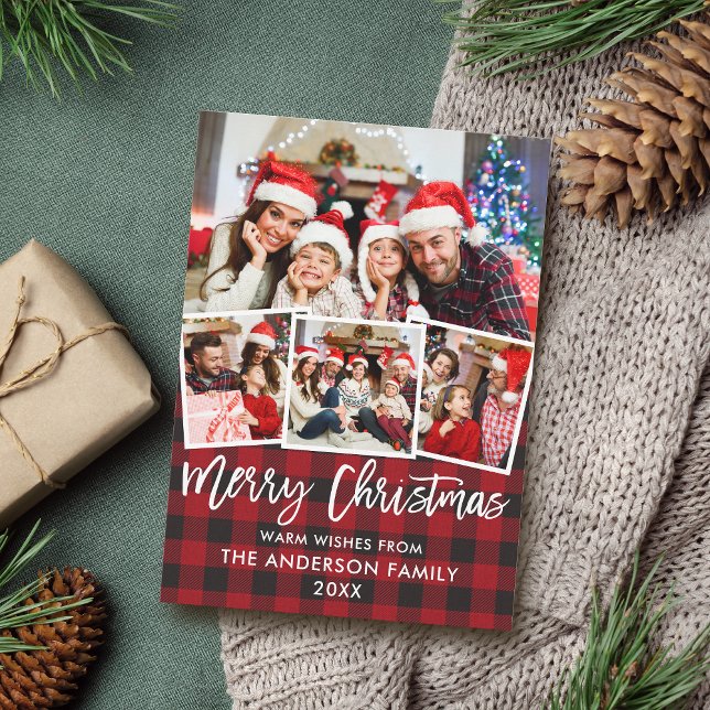 Modern Brush Script Christmas Red Plaid 4 Photo  Holiday Card (Creator Uploaded)