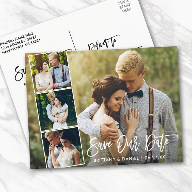 Modern Brush Script Couple 4 Photo Save Our Date Postcard (Customize to change your personalized text size or text style.)