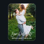Modern Brush Script Couple Photo Save Our Date Magnet<br><div class="desc">Modern Brush Script Save Our Date Engagement Couple Photo Magnet</div>