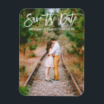 Modern Brush Script Couple Photo Save The Date Magnet<br><div class="desc">Modern Brush Script Save The Date Engagement Couple Photo Magnet</div>