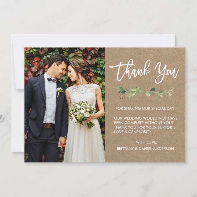 Modern Brush Script Eucalyptus Kraft Photo Thank You Card (Front)
