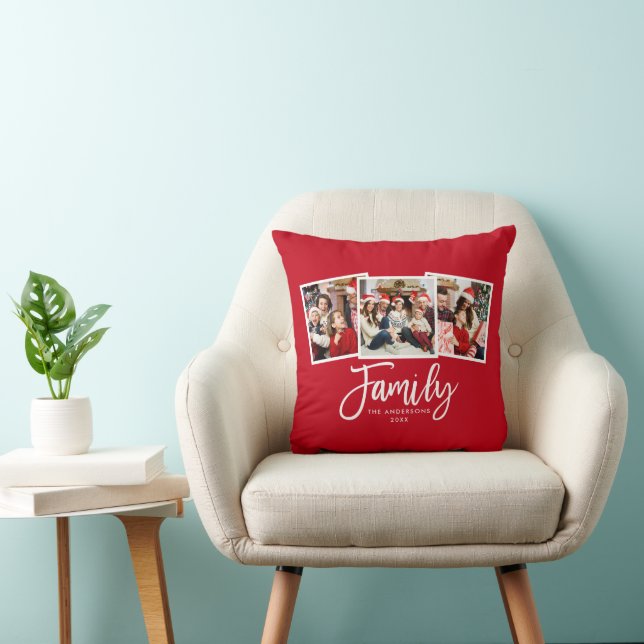 Modern Brush Script Family 3 Photo Red Cushion (Chair)