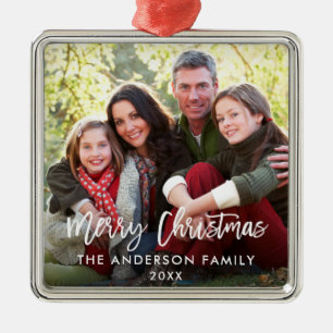 Modern Brush Script Family Photo Christmas Sq Metal Tree Decoration