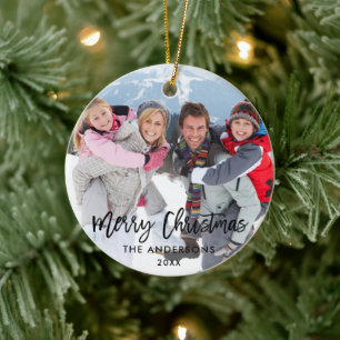 Modern Brush Script Family Photo Merry Christmas Ceramic Tree Decoration