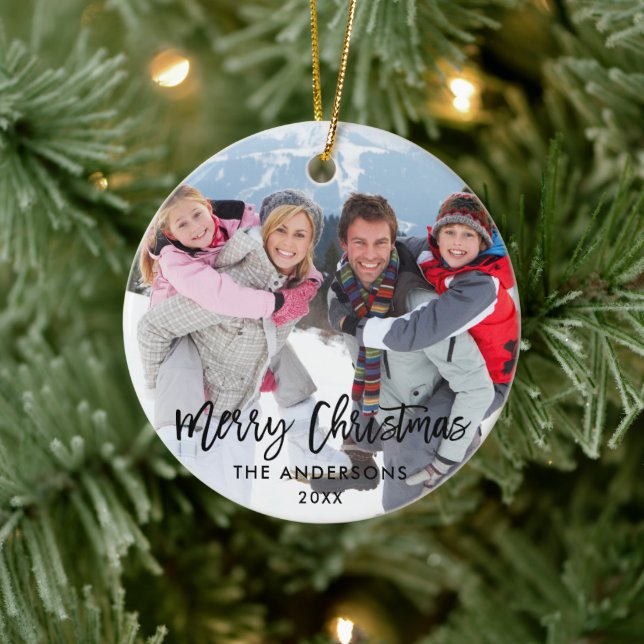Modern Brush Script Family Photo Merry Christmas Ceramic Tree Decoration (Tree)