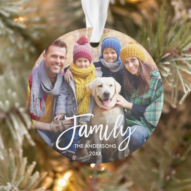 Modern Brush Script Family Photo Ornament (Tree)