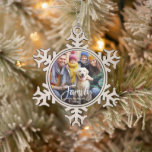 Modern Brush Script Family Photo Snowflake Pewter Christmas Ornament<br><div class="desc">Modern Brush Script Family Photo Ornament</div>