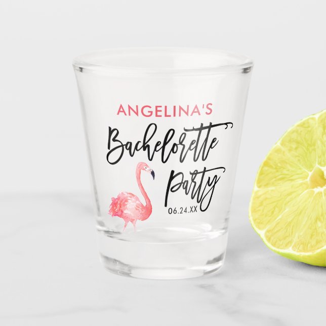Modern Brush Script Flamingo Bachelorette Party Shot Glass (Front)