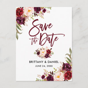 Modern Brush Script Floral Burgundy Save the Date Announcement Postcard