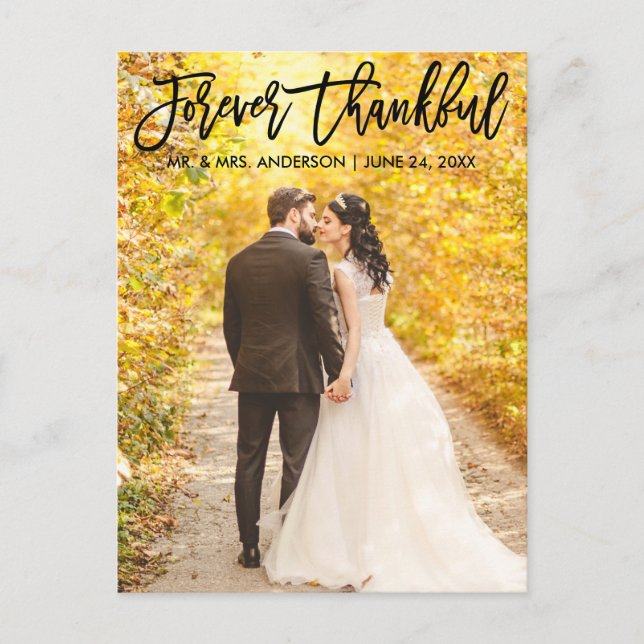 Modern Brush Script Forever Thankful Wedding Photo Postcard (Front)