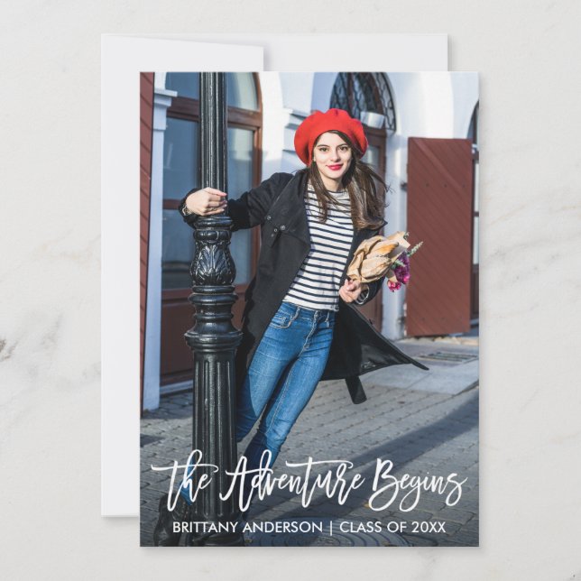 Modern Brush Script Graduation Adventure Begins Announcement (Front)