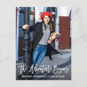 Modern Brush Script Graduation Adventure Begins Postcard