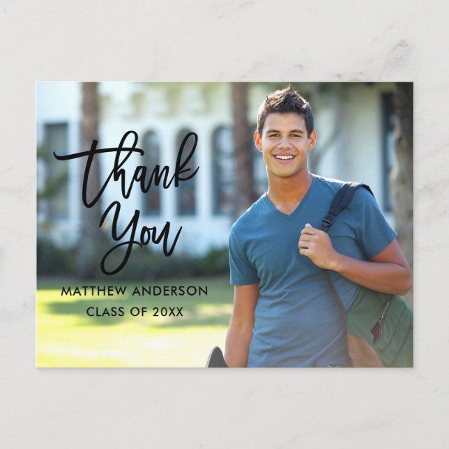 Modern Brush Script Graduation Thank You Blk Postcard (Front)