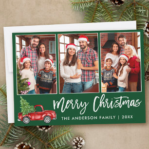 Modern Brush Script Green 3 Photo Christmas Truck Holiday Card