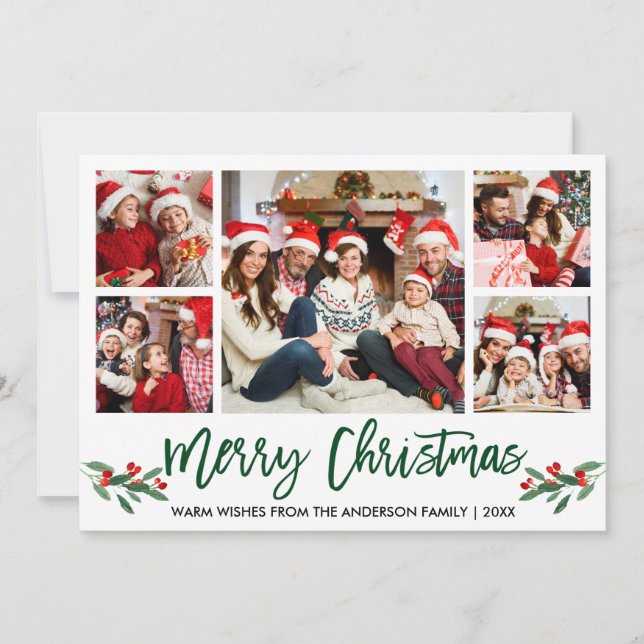Modern Brush Script Green 5 Photo Family Christmas Holiday Card (Front)