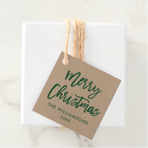 Modern Brush Script Green Christmas Kraft Square Favour Tags