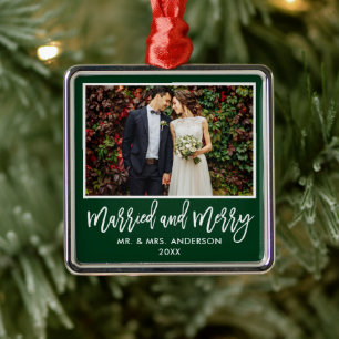Modern Brush Script Green Married and Merry Metal Tree Decoration