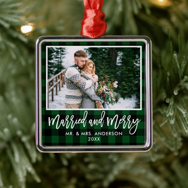 Modern Brush Script Green Plaid Married and Merry Metal Tree Decoration (Tree)